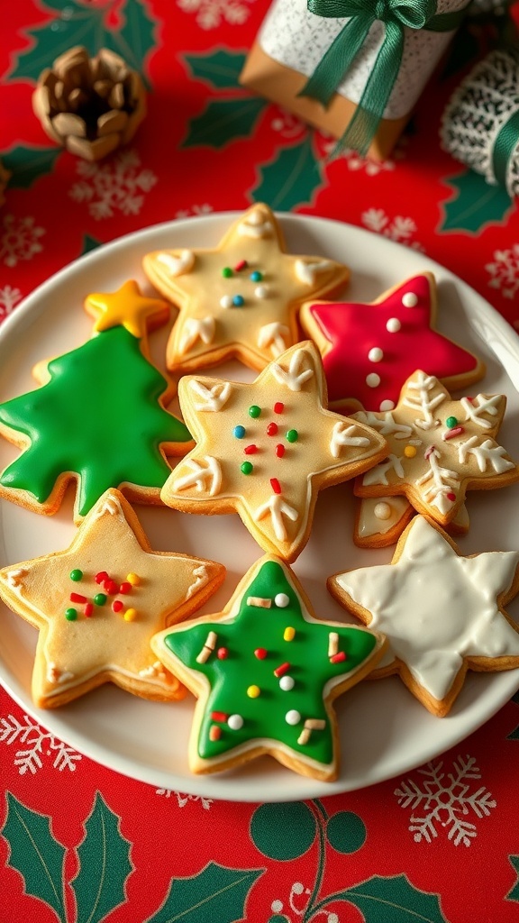 A plate of decorated Christmas cookies without butter in festive shapes on a holiday table.